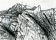 Mario Prassinos, Mario Prassinos, Alpilles, 4 août 75 N°4,encre sur papier, 75 x 105 cm, coll. muse Rattu, photo T.Rye ADAGP Paris